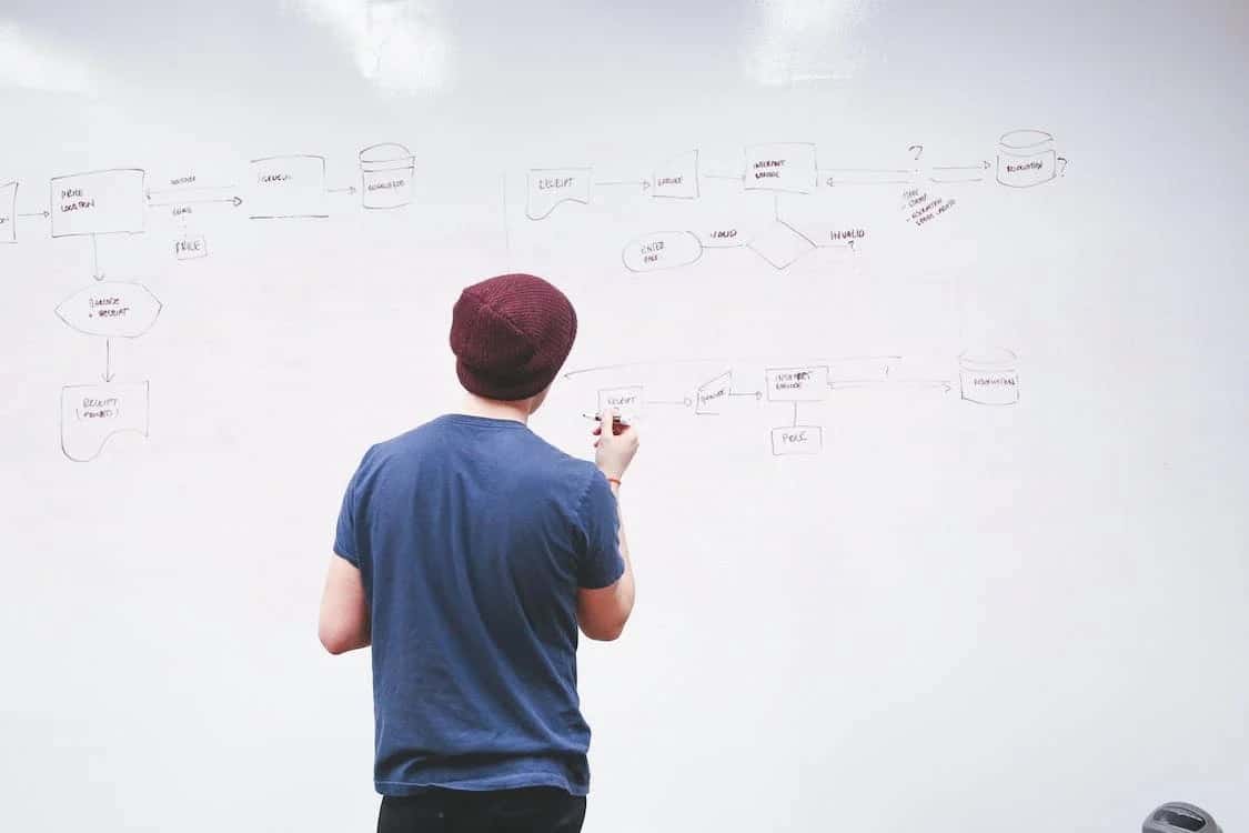 A man making notes on a whiteboard.